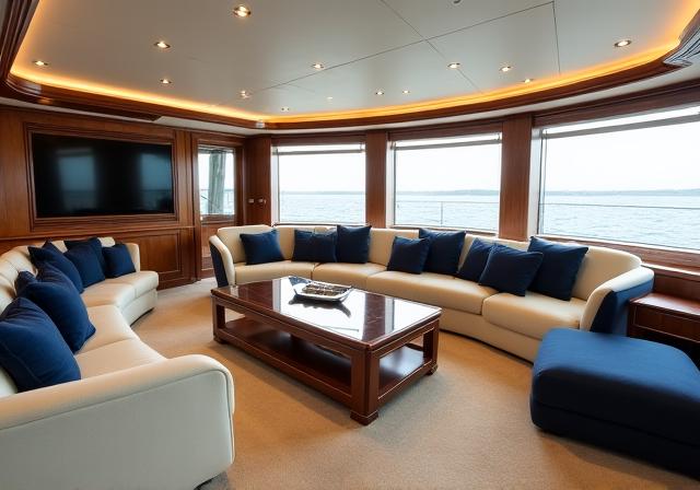 Interni di lusso di uno yacht contemporaneo con tonalità champagne e blu profondo